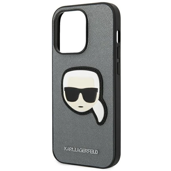 Etui Karl Lagerfeld KLHCP14XSAPKHG pro iPhone 14 Pro Max 6,7' pevný obal Saffiano Karl`s Head Patch srebrny/stříbrný